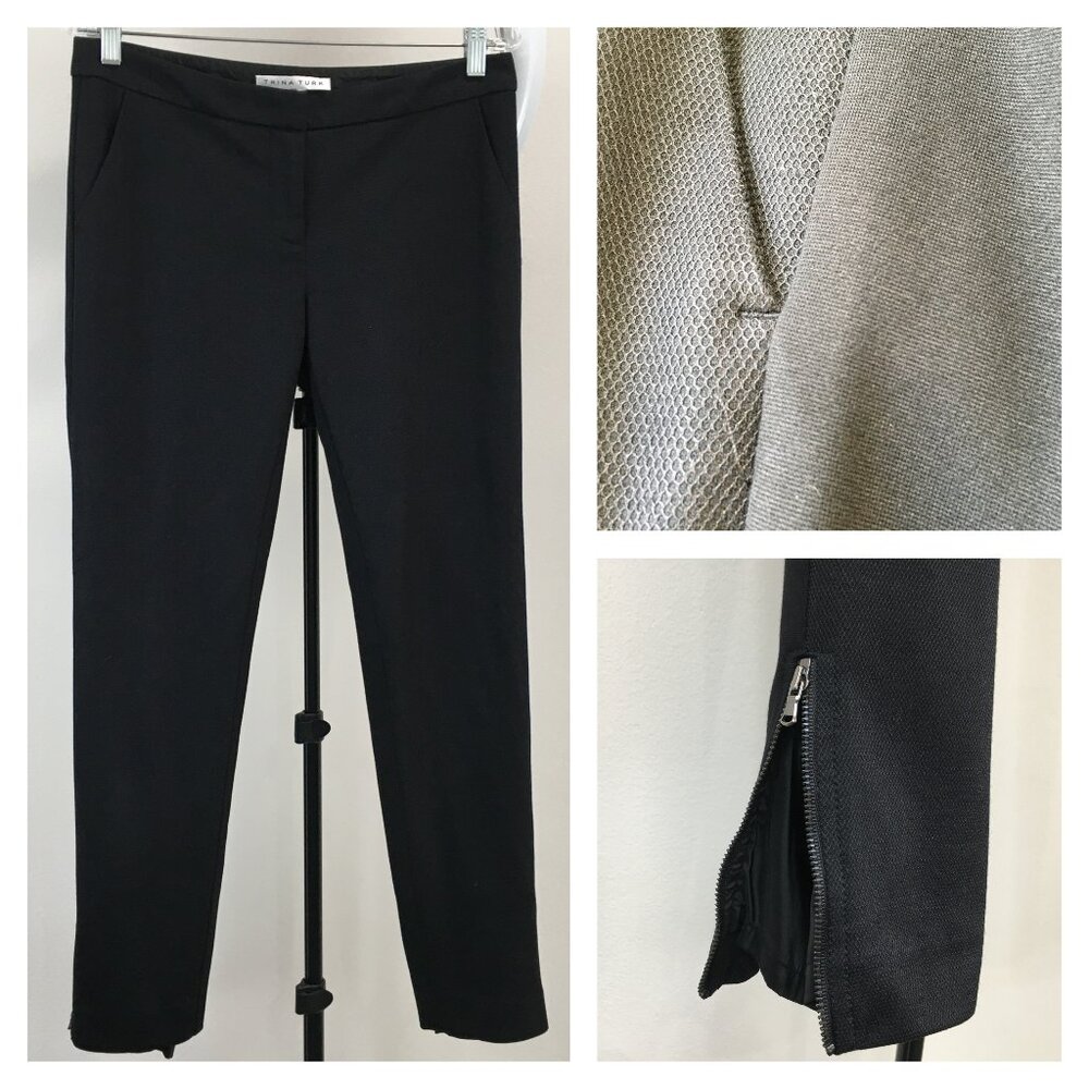 TRINA TURK Black Mixed Fabric Zip Ankle Dress Pant